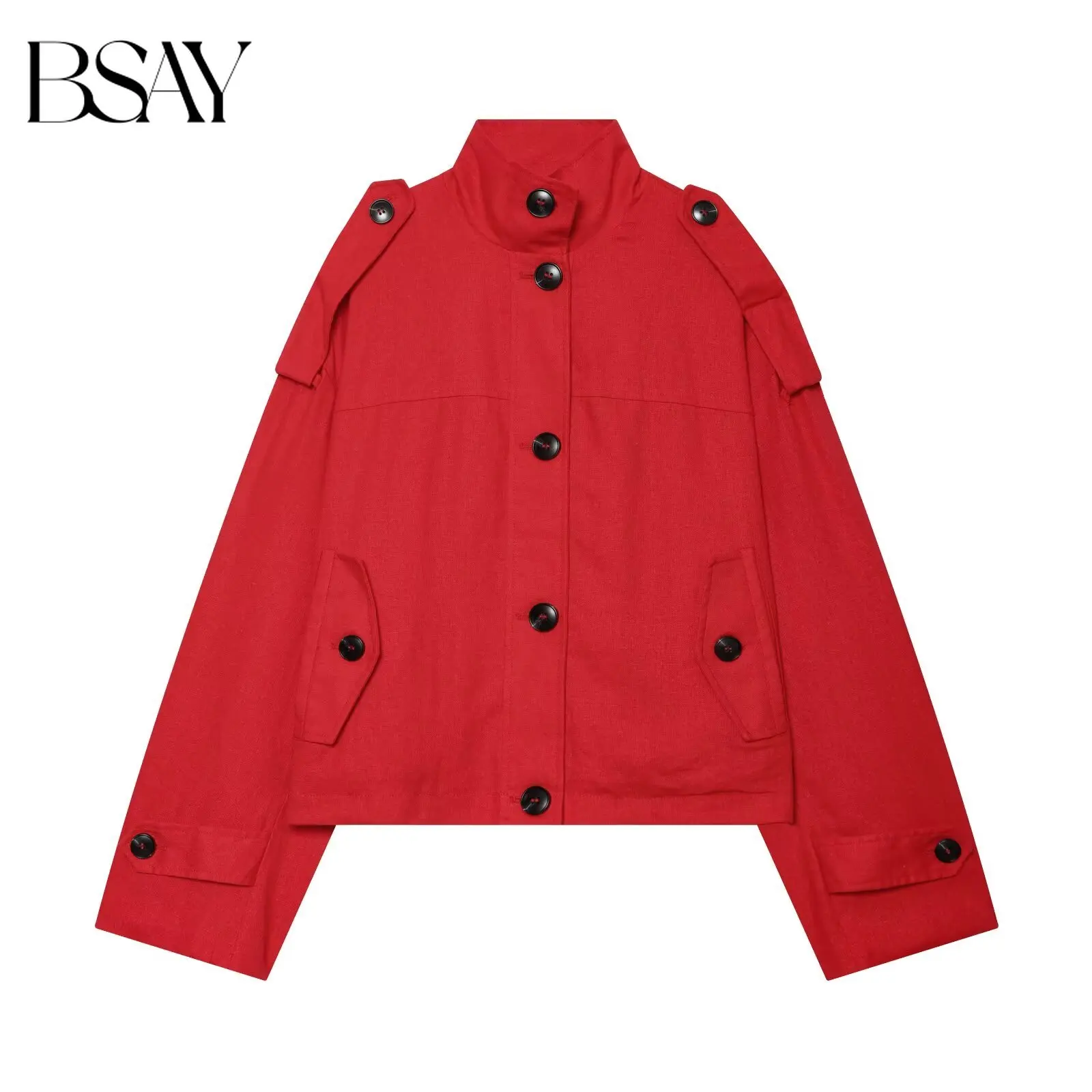 BSAY 2026 New Women's Red Stand Collar Single Breasted Epaulet Design Jacket Long Sleeve Loose Fit Casual Streetwear Short Coat
BSAY 2026 New Women's Red Stand Collar Single Breasted Epaulet Design Jacket Long Sleeve Loose Fit Casual Streetwear Short Coat
