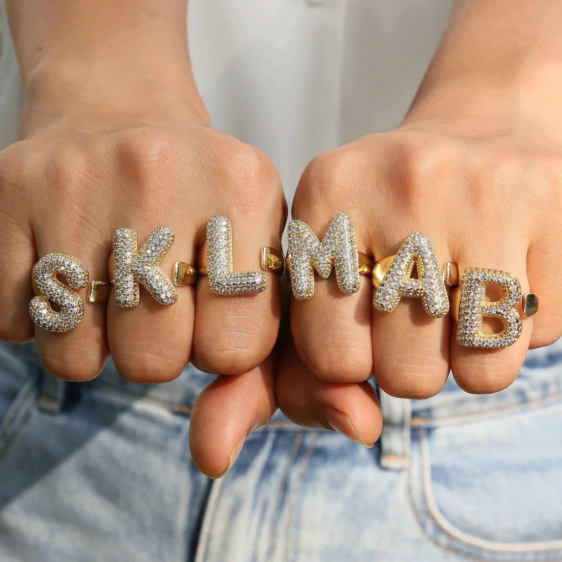 10Pcs 18k gold-plated zircon balloon bubble 26 English letters open fashion metal ring for women men
10Pcs 18k gold-plated zircon balloon bubble 26 English letters open fashion metal ring for women men