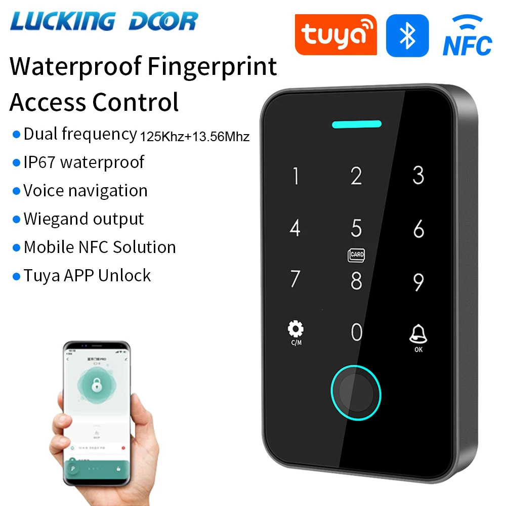 NFC Bluetooth Tuya APP Backlight Touch 13.56Mhz RFID Card Access Control Keypad Door Lock Opener WG Output IP66 Watreproof
NFC Bluetooth Tuya APP Backlight Touch 13.56Mhz RFID Card Access Control Keypad Door Lock Opener WG Output IP66 Watreproof