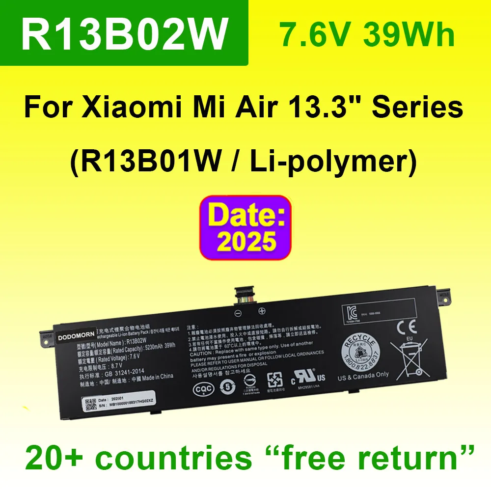 7,6 В 39 Втч 5230 мАч для Xiaomi Mi Air 13,3-дюймовая серия, аккумуляторы для планшетных ПК, аккумулятор для ноутбука R13B01W R13B02W, замена на складе
7,6 В 39 Втч 5230 мАч для Xiaomi Mi Air 13,3-дюймовая серия, аккумуляторы для планшетных ПК, аккумулятор для ноутбука R13B01W R13B02W, замена на складе
