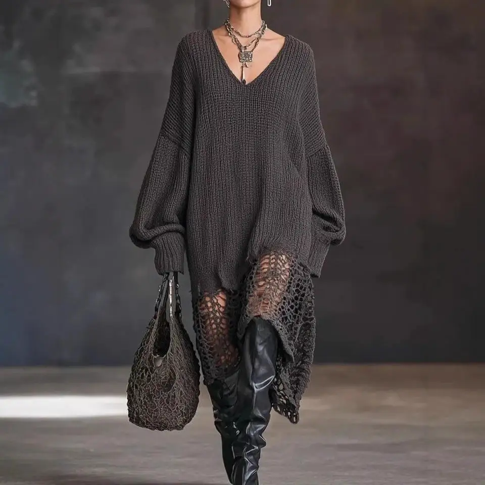 Loose Knitted V-Neck Hollow out Dress Asymmetrical Hemline Midi Skirt Casual Elegant Style for Young Women Autumn Season
Loose Knitted V-Neck Hollow out Dress Asymmetrical Hemline Midi Skirt Casual Elegant Style for Young Women Autumn Season