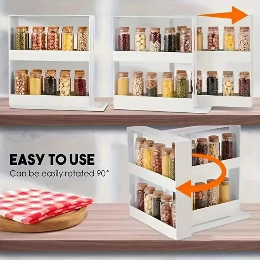 Plastic 2 Layer Spice Storage Rack Large Capacity Space Saving Rotating Storage Shelf 90-Degree Rotation White Spice Organizer