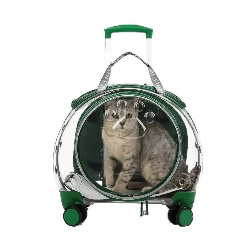 High-value pet trolley case, portable when going out, cat suitcase, transparent backpack. 
High-value pet trolley case, portable when going out, cat suitcase, transparent backpack.