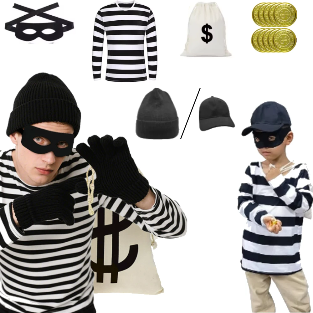 Movie Convict Thief Cosplay Costume Fashion Bank Robber Disguise Accessories Sets Kids Adults Halloween Carnival Party Clothes
Movie Convict Thief Cosplay Costume Fashion Bank Robber Disguise Accessories Sets Kids Adults Halloween Carnival Party Clothes