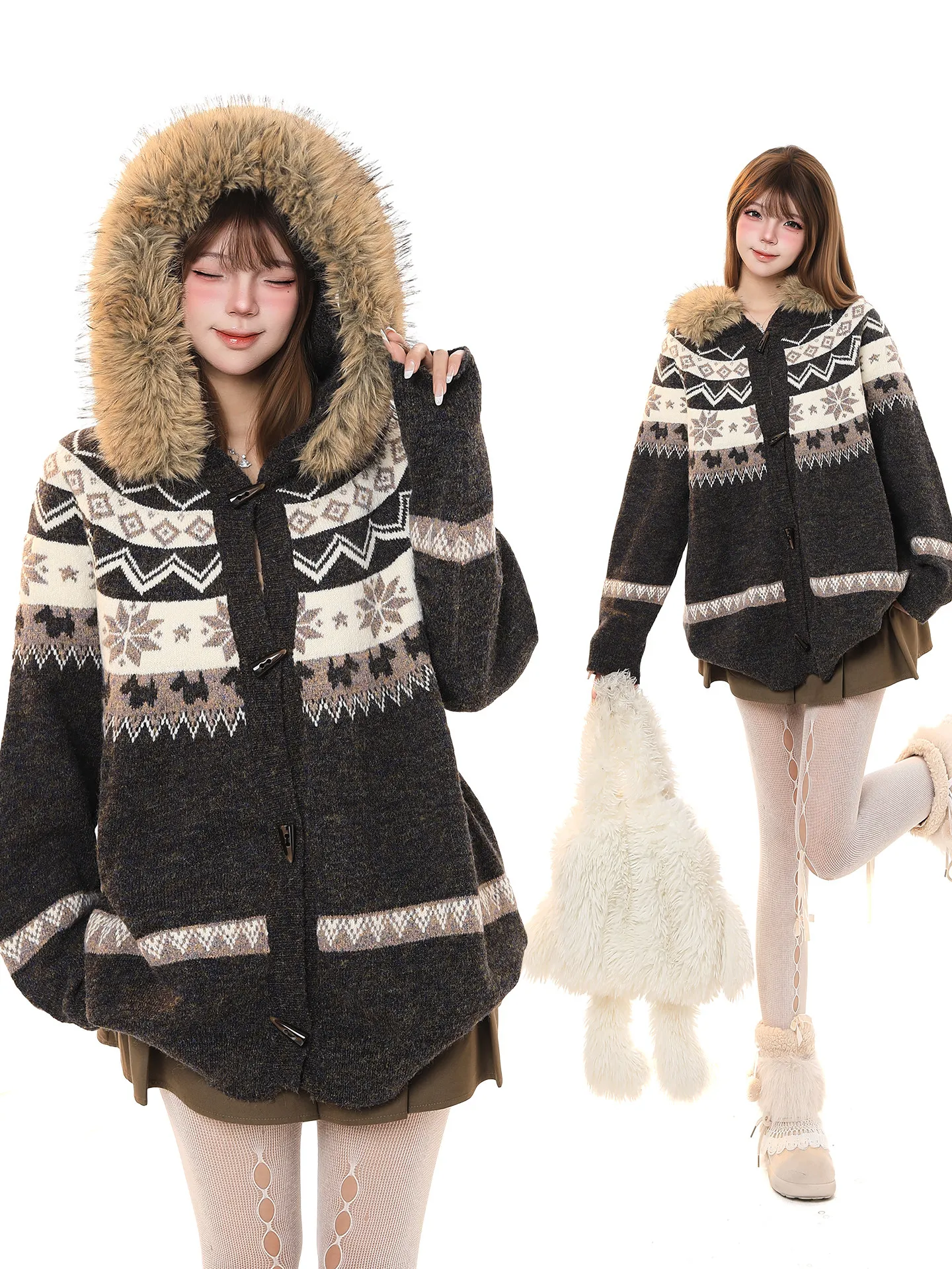 Ретро-кардиган Fair Isle вязаный, свободного кроя, женский, с меховым воротником и пуговицами из рога, осенне-зимняя новинка
Ретро-кардиган Fair Isle вязаный, свободного кроя, женский, с меховым воротником и пуговицами из рога, осенне-зимняя новинка