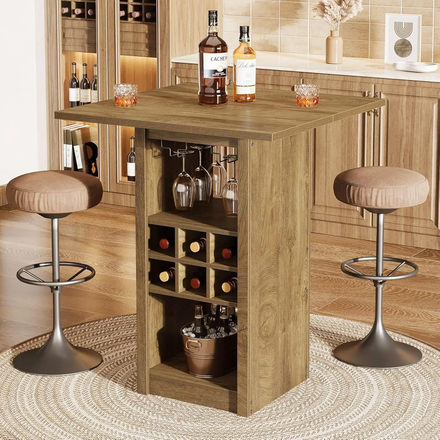 31.5-Inch Square Bar Table, 4-Tier Wood Counter Height Home Bar Unit with Glass Holders, Wine Racks and Storage, Customized
31.5-Inch Square Bar Table, 4-Tier Wood Counter Height Home Bar Unit with Glass Holders, Wine Racks and Storage, Customized