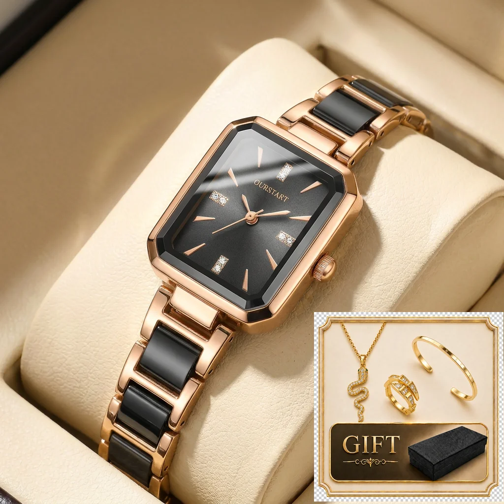 4pcs gift box set Women's black dial alloy strap fashion rectangular bracelet details Quartz Watch Gift Box Set for party
4pcs gift box set Women's black dial alloy strap fashion rectangular bracelet details Quartz Watch Gift Box Set for party