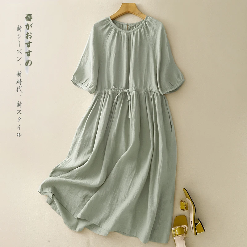 Cotton Linen Round Neck Dress Women's Summer New Korean Version of The Fashion Literature Drawstring Waist Casual A-line Dresses
Cotton Linen Round Neck Dress Women's Summer New Korean Version of The Fashion Literature Drawstring Waist Casual A-line Dresses
