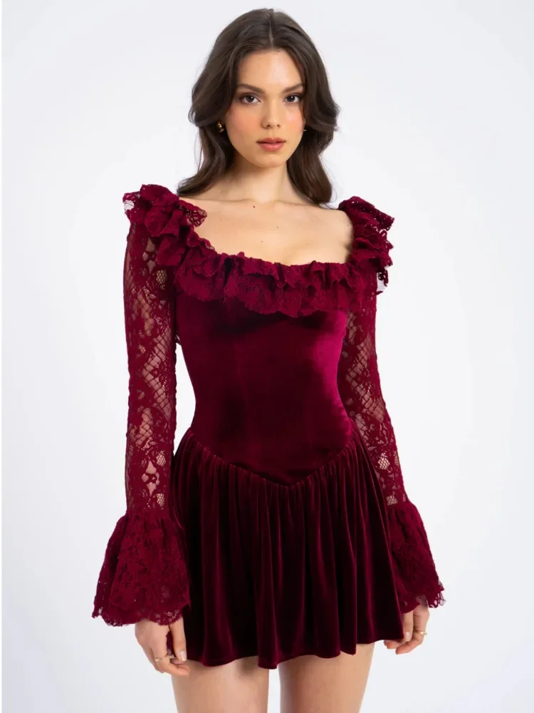 Lace Flare Long Sleeve Sexy Mini Dress For Women Elegant Burgundy Lace-up Square Collar Backless Club Party Dress
Lace Flare Long Sleeve Sexy Mini Dress For Women Elegant Burgundy Lace-up Square Collar Backless Club Party Dress