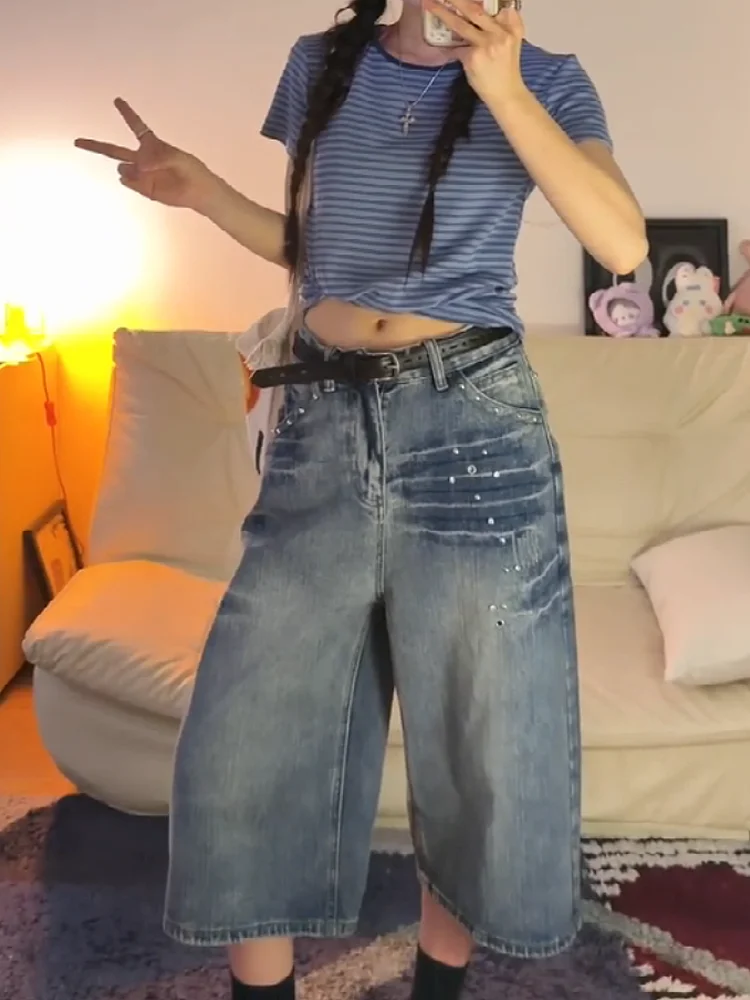 Sweet Cool Spicy American Style Water Washed Beaded Wide Leg Seven Inch Jeans Women Summer Loose Slim Straight Leg Shorts
Sweet Cool Spicy American Style Water Washed Beaded Wide Leg Seven Inch Jeans Women Summer Loose Slim Straight Leg Shorts