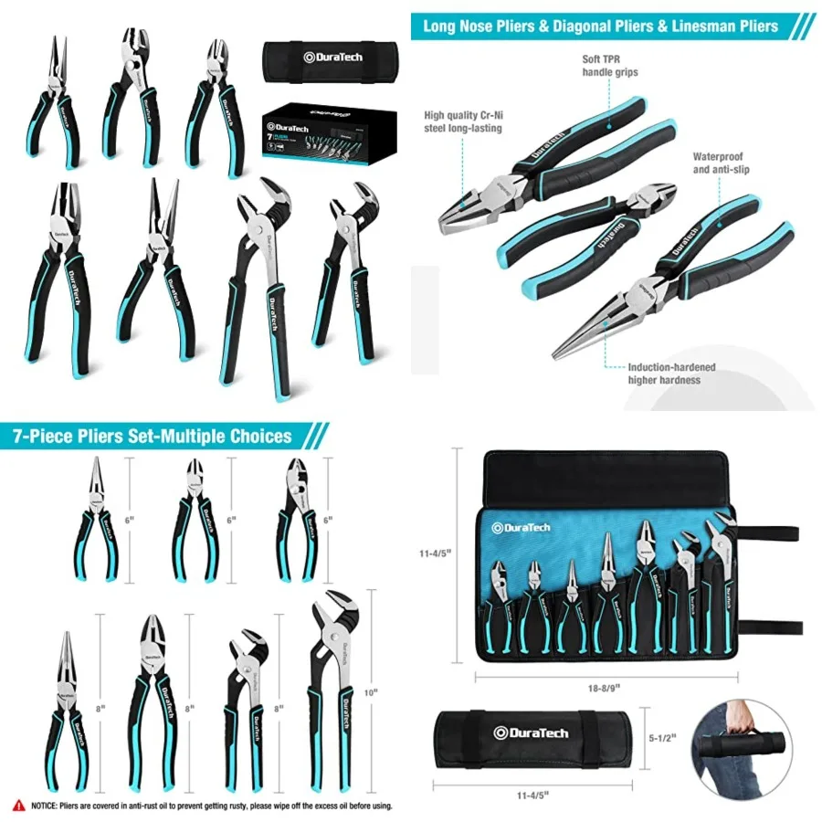 7-Piece Pliers Set with Rolling Pouch, Premium Cr-Ni Construction 10", 8" Groove Joint Pliers, 8", 6" Long Needle Nose, 8" Line
7-Piece Pliers Set with Rolling Pouch, Premium Cr-Ni Construction 10", 8" Groove Joint Pliers, 8", 6" Long Needle Nose, 8" Line