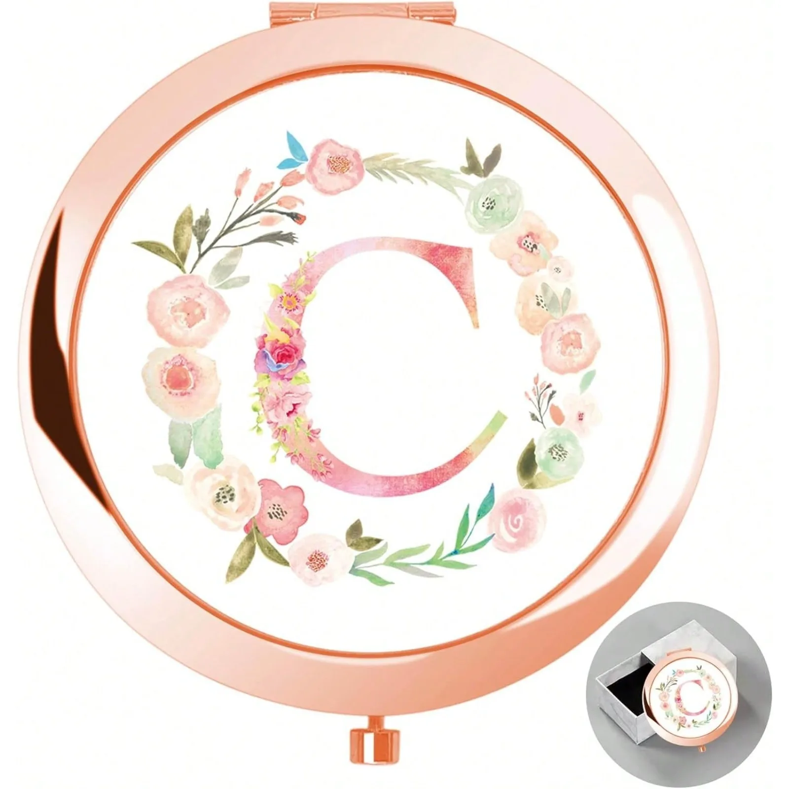 Personalized initial compact mirror with gift box, floral printed silver mini mirror.
Personalized initial compact mirror with gift box, floral printed silver mini mirror.