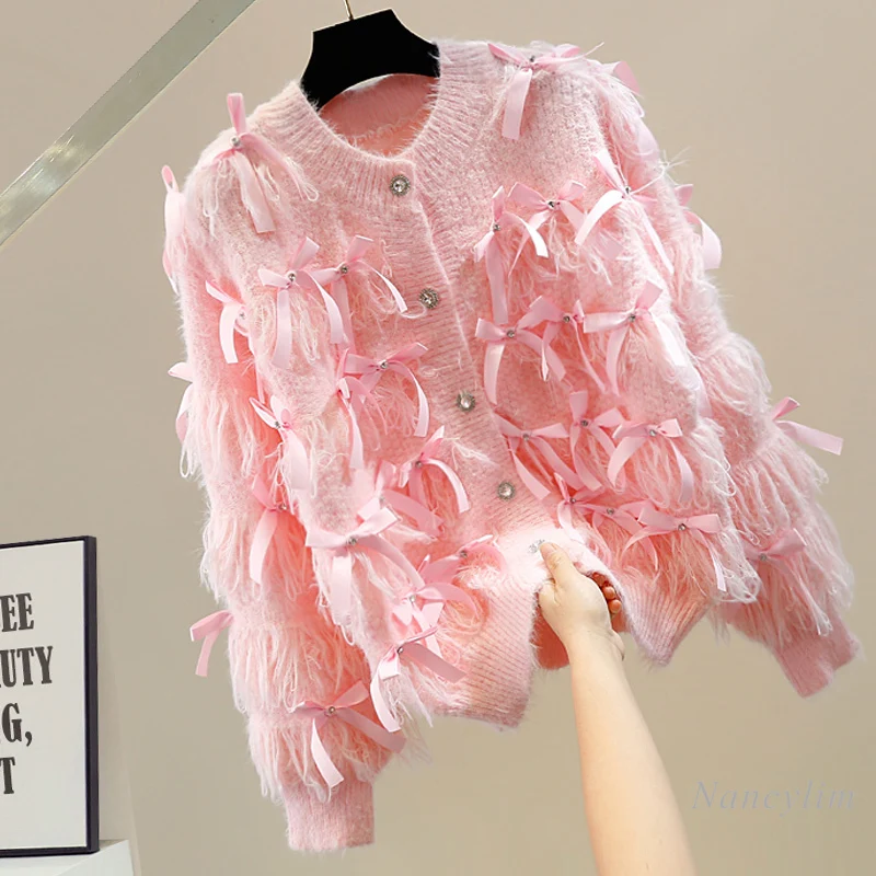 Exquisite Rhinestone Sweet Tridimensional Bow Decorative Tassels Round Neck Single-Breasted Thickened Sweater Cardigan for Women
Exquisite Rhinestone Sweet Tridimensional Bow Decorative Tassels Round Neck Single-Breasted Thickened Sweater Cardigan for Women