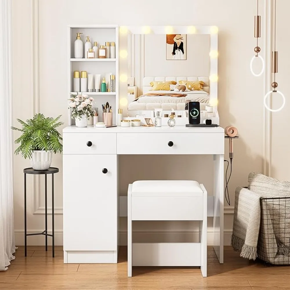 White dressing table with light, dressing table with 2 drawers, large cabinet, power socket and stool, 3 lighting colors
White dressing table with light, dressing table with 2 drawers, large cabinet, power socket and stool, 3 lighting colors