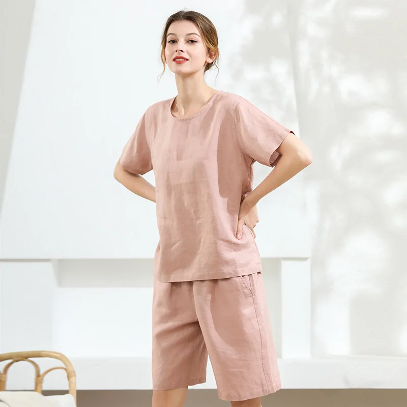 Female 100% Linen Pajamas Men&Women Solid Short Sleeve Knee Length Pants Suits Nightwear Loose 2PCS Pijamas Suit Loungewear
Female 100% Linen Pajamas Men&Women Solid Short Sleeve Knee Length Pants Suits Nightwear Loose 2PCS Pijamas Suit Loungewear