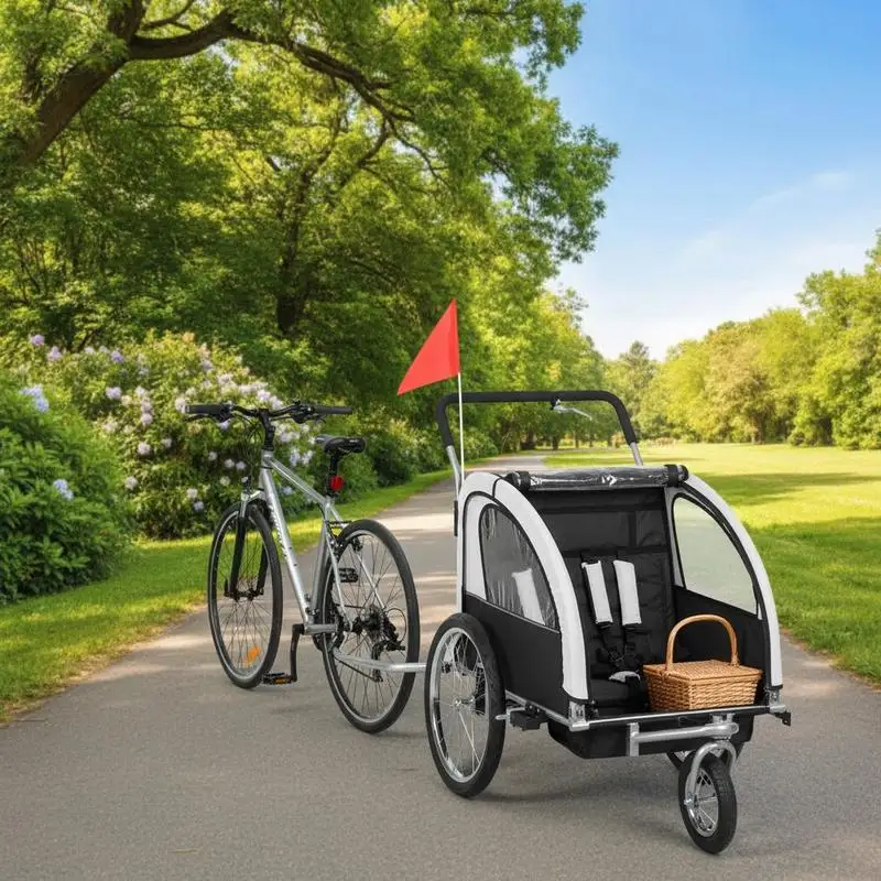 2 Seat Bike Trailer with 5 Point Harness, Baby Bike Stroller with Safety Flag, Reflectors, for 18+ Months, Black
2 Seat Bike Trailer with 5 Point Harness, Baby Bike Stroller with Safety Flag, Reflectors, for 18+ Months, Black