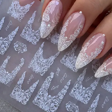 1Pcs 5D Gothic Elegant Lace Nail Art Sticker V-Shaped French Tip Lace Design Nail Decal Self Adhesive Lace Nail Slider 8*10cm #