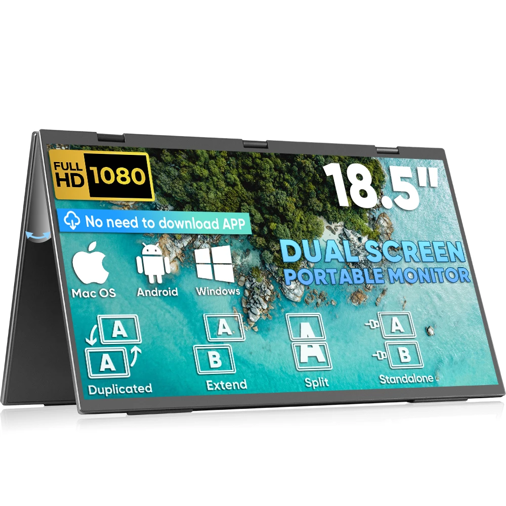 Portable 18.5 FHD 1080P Triple Screen Extender Auto Rotation LED Kickstand VESA Mountable Folding Stacked Travel