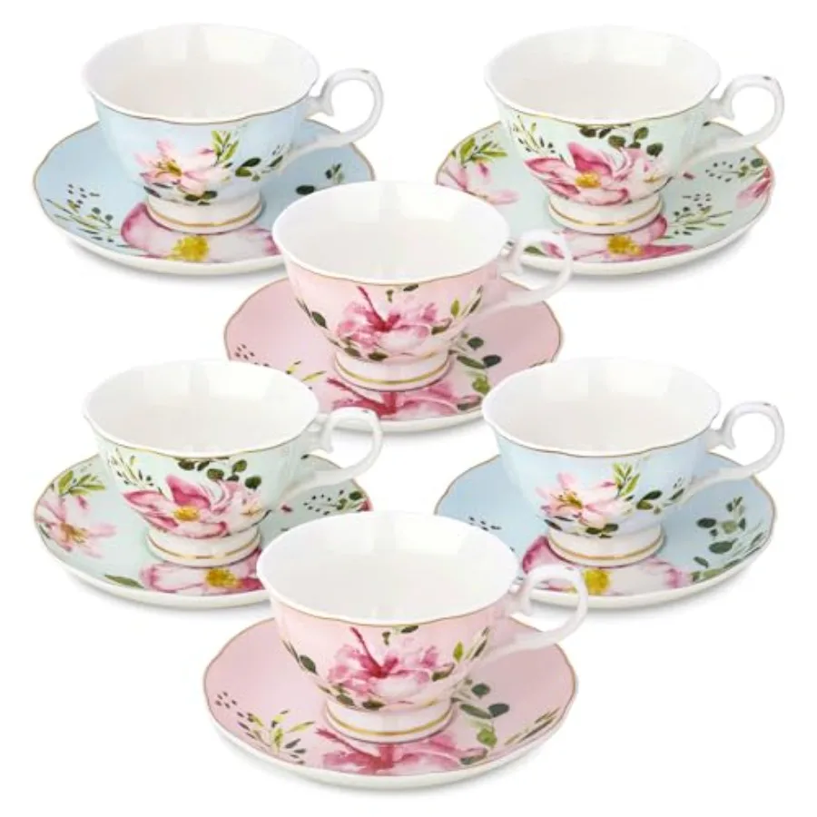5-Ounce Floral Tea Cups and Saucers Set of 6, Assorted Pastel Flowers Porcelain Coffee Cup with Gold Trim, Dishwasher and Freez
5-Ounce Floral Tea Cups and Saucers Set of 6, Assorted Pastel Flowers Porcelain Coffee Cup with Gold Trim, Dishwasher and Freez