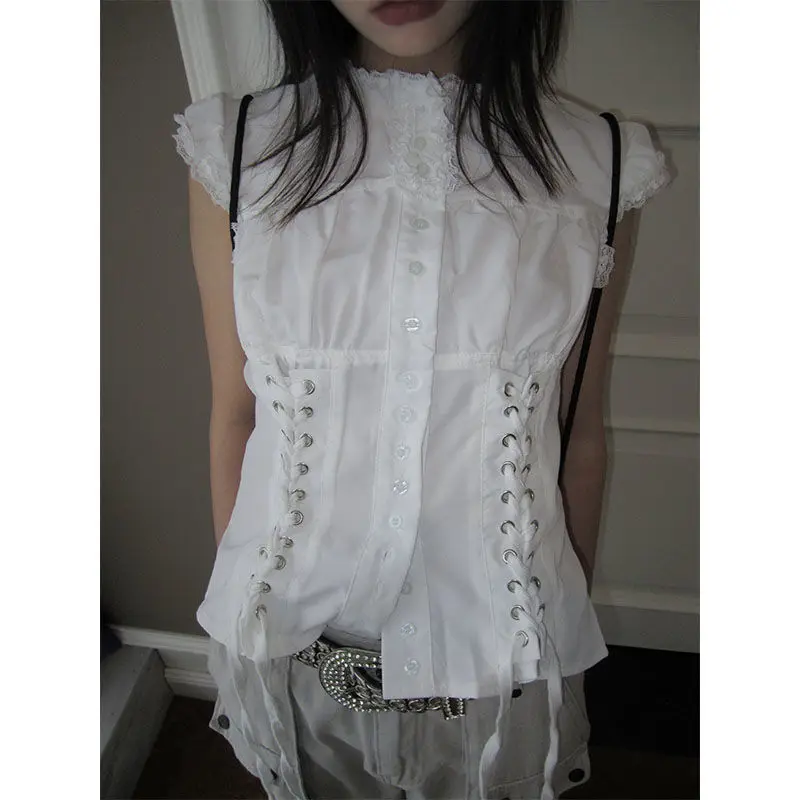 Y2k Aesthetic Ladies Single Breasted Tops Harajuku Vintage Bandage Grunge Shirt Women Lace Patchwork Slim Sweet Cropped Blouse
Y2k Aesthetic Ladies Single Breasted Tops Harajuku Vintage Bandage Grunge Shirt Women Lace Patchwork Slim Sweet Cropped Blouse