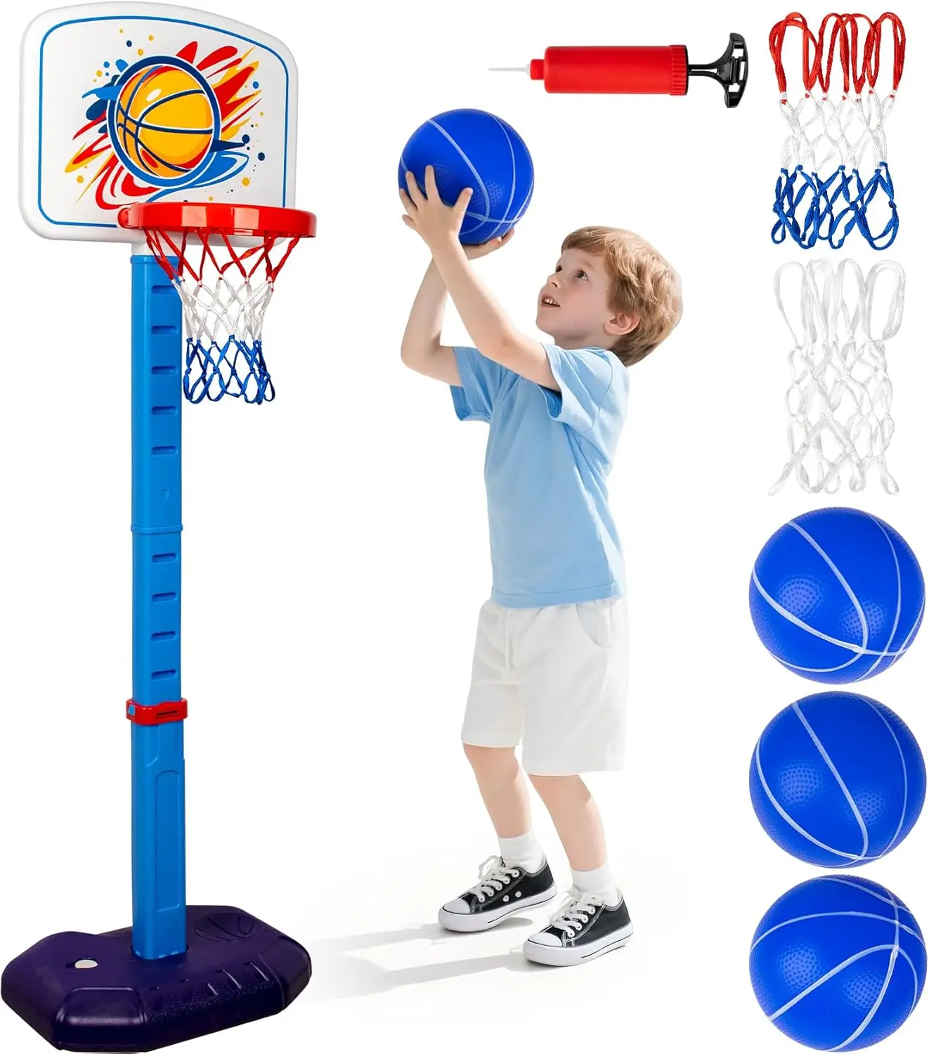 Adjustable Kids Basketball Hoop Set, Indoor Outdoor Poolside Toy with 3 Balls & 2 Nets & Pump, Ages 1-6
Adjustable Kids Basketball Hoop Set, Indoor Outdoor Poolside Toy with 3 Balls & 2 Nets & Pump, Ages 1-6