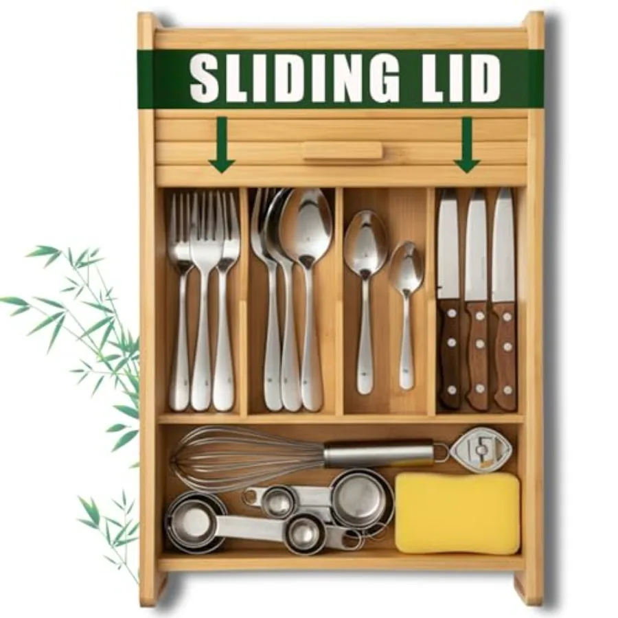 Bamboo Drawer Organizer with Sliding Lid - 5 Slot Kitchen Drawer Organizer and Utensil Holder - Wood Bamboo Cutlery Tray for Fl
Bamboo Drawer Organizer with Sliding Lid - 5 Slot Kitchen Drawer Organizer and Utensil Holder - Wood Bamboo Cutlery Tray for Fl