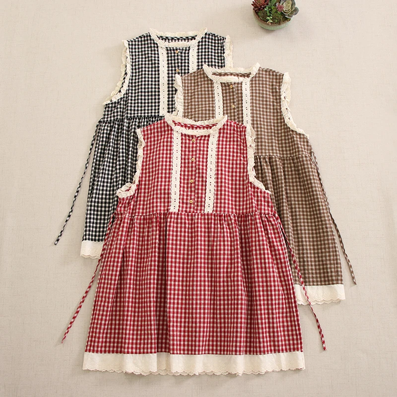 Spring Summer New Japanese Sweet Mori Girl Plaid Lace Patchwork Tank Dress Women Cute Sleeveless Casual Loose Cotton Dresses
Spring Summer New Japanese Sweet Mori Girl Plaid Lace Patchwork Tank Dress Women Cute Sleeveless Casual Loose Cotton Dresses