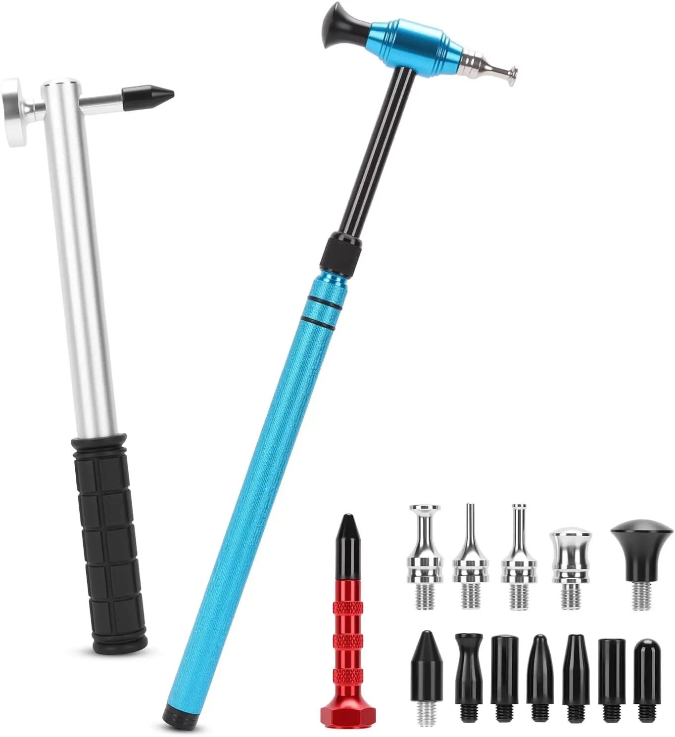 Набор телескопических молотков для ремонта вмятин из алюминиевого сплава с резиновым молотком, инструментами для удаления вмятин и инструментами (синий)
Набор телескопических молотков для ремонта вмятин из алюминиевого сплава с резиновым молотком, инструментами для удаления вмятин и инструментами (синий)