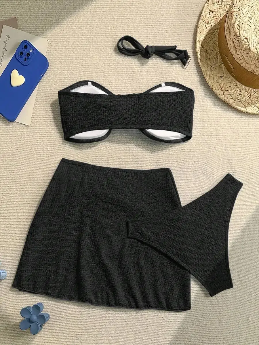 3pcs Solid Color Textured Bandeau Bikini Set For Beach Vacation
3pcs Solid Color Textured Bandeau Bikini Set For Beach Vacation