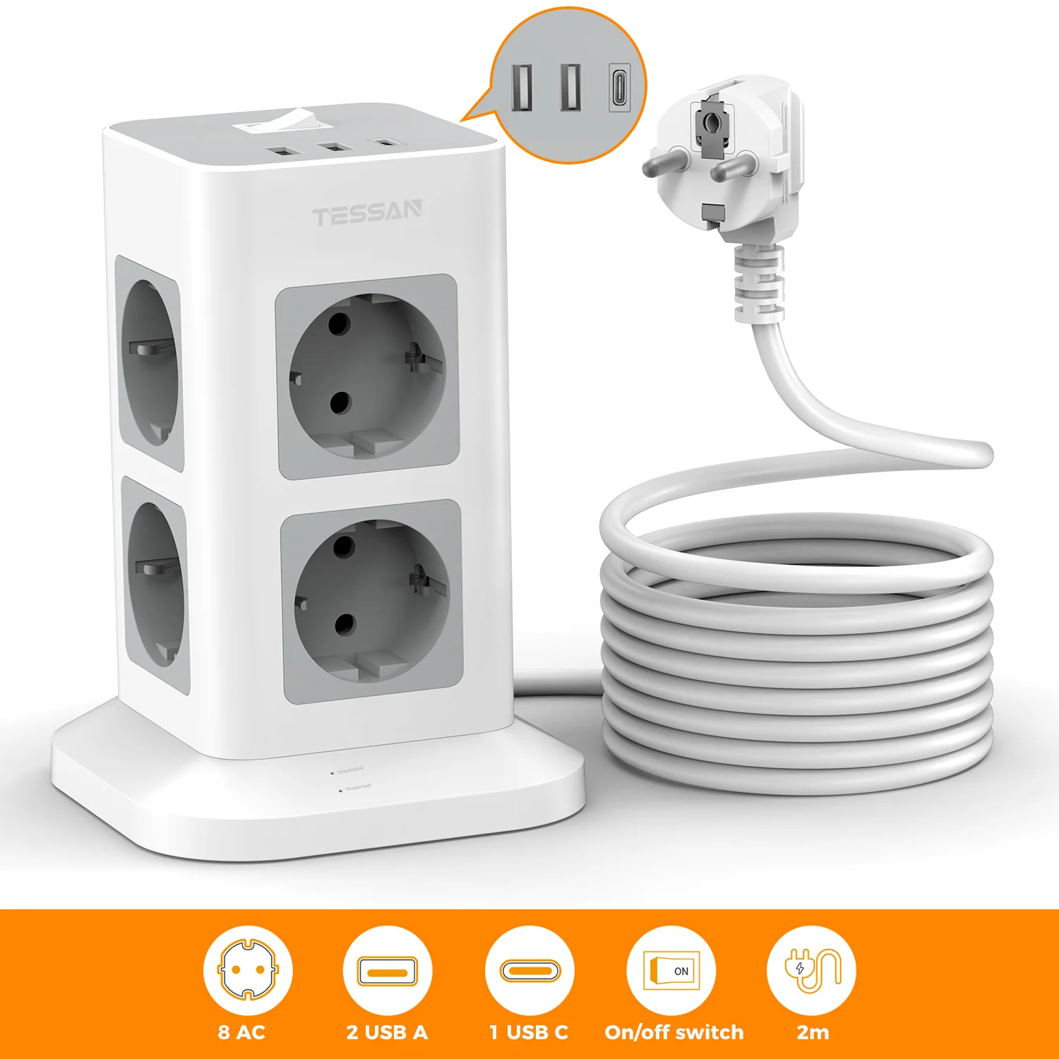 Многорозеточный блок питания TESSAN с 8 розетками + 2 USB + 1 Type-C, вертикальный, с удлинителем 2 м, защита от перенапряжения
Многорозеточный блок питания TESSAN с 8 розетками + 2 USB + 1 Type-C, вертикальный, с удлинителем 2 м, защита от перенапряжения