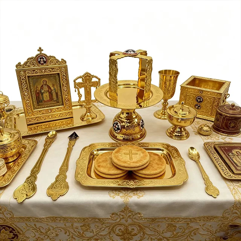 Luxury Gold Orthodox Altar Set Metal Religious Icon Tray Plate and Sacred Vessel Set with Box for Church supplies Christian Gift
Luxury Gold Orthodox Altar Set Metal Religious Icon Tray Plate and Sacred Vessel Set with Box for Church supplies Christian Gift
