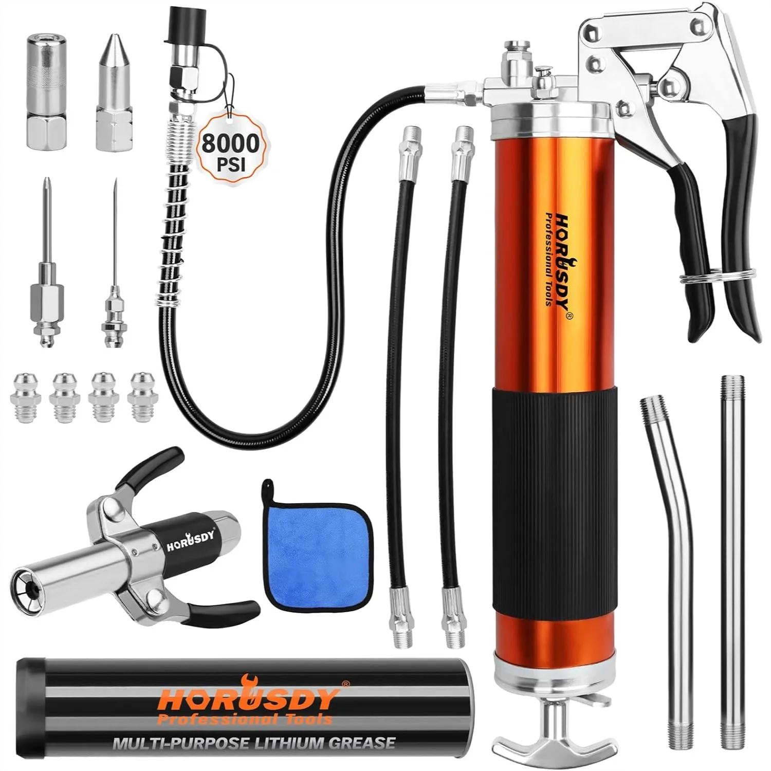 18-Piece 8000PSI Heavy Duty Grease Gun Kit with 14oz Grease, 2x11" Hoses, Flex Hose, Extension Pipes, Lock Coupler, Injector,
18-Piece 8000PSI Heavy Duty Grease Gun Kit with 14oz Grease, 2x11" Hoses, Flex Hose, Extension Pipes, Lock Coupler, Injector,