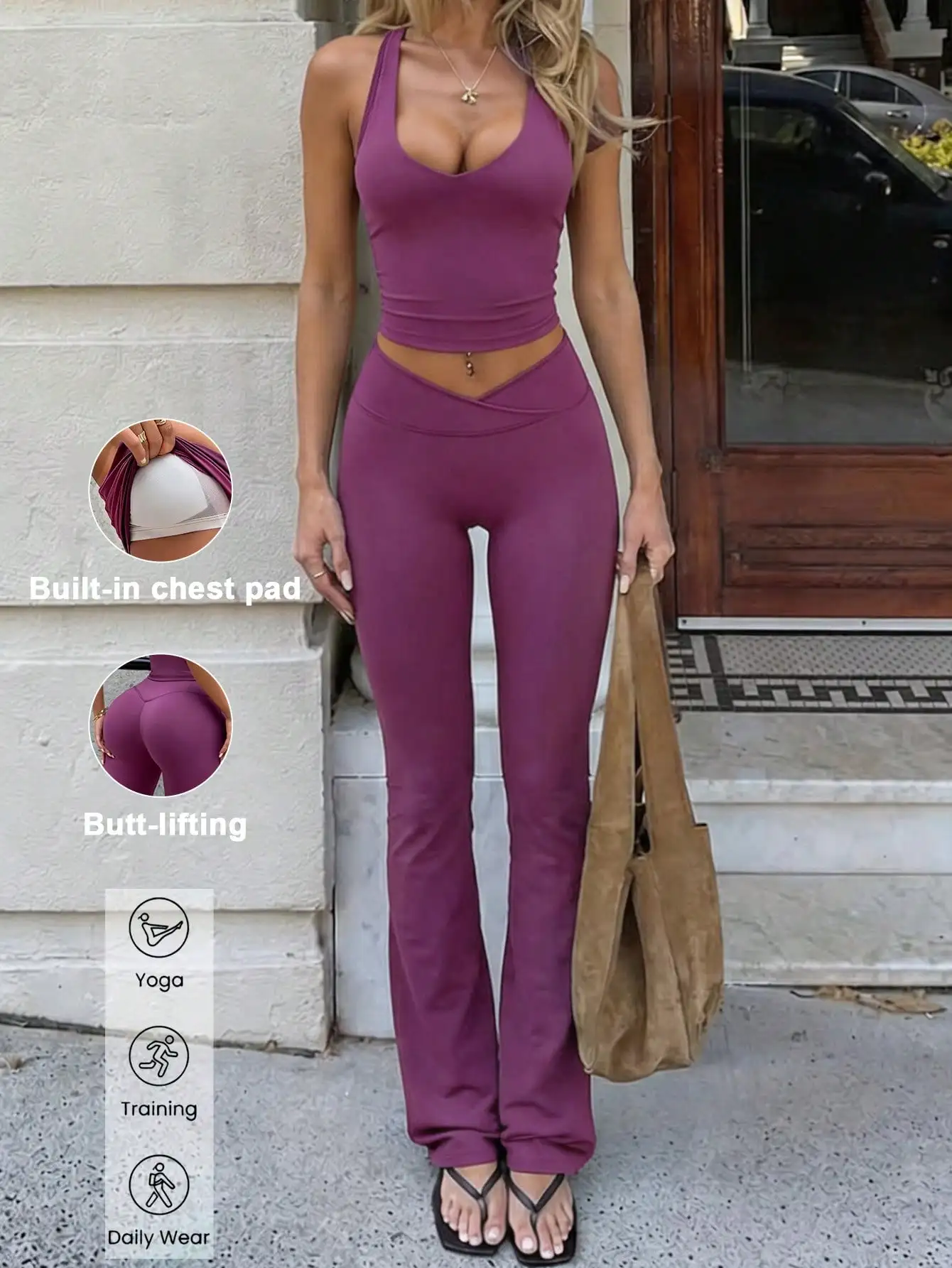 Women Summer 2Pcs Solid Outfit, V Neck Padded Camisole & Cross Waist Flared Pants, Casual Suit for Yoga Running Daily Wear
Women Summer 2Pcs Solid Outfit, V Neck Padded Camisole & Cross Waist Flared Pants, Casual Suit for Yoga Running Daily Wear