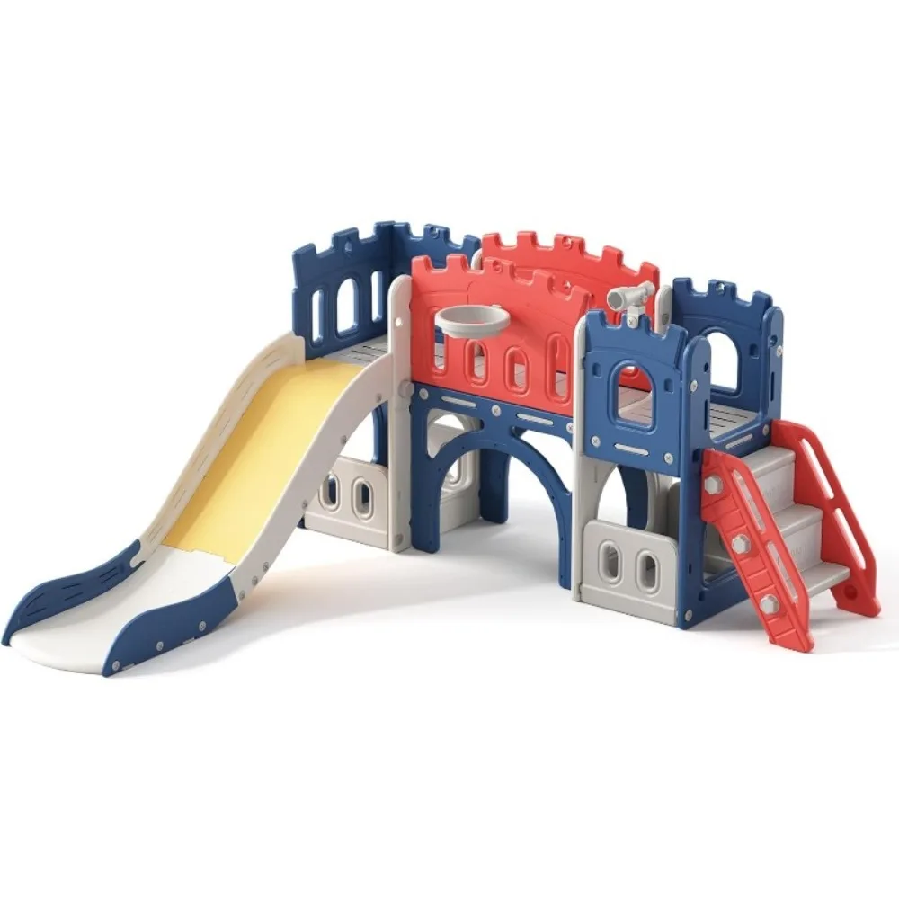 8 in 1 Toddler Slide, Castle-Themed Indoor Outdoor Playground for Toddlers Age 1+ with Extra-Long Slide Basketball Hoop and Ball
8 in 1 Toddler Slide, Castle-Themed Indoor Outdoor Playground for Toddlers Age 1+ with Extra-Long Slide Basketball Hoop and Ball
