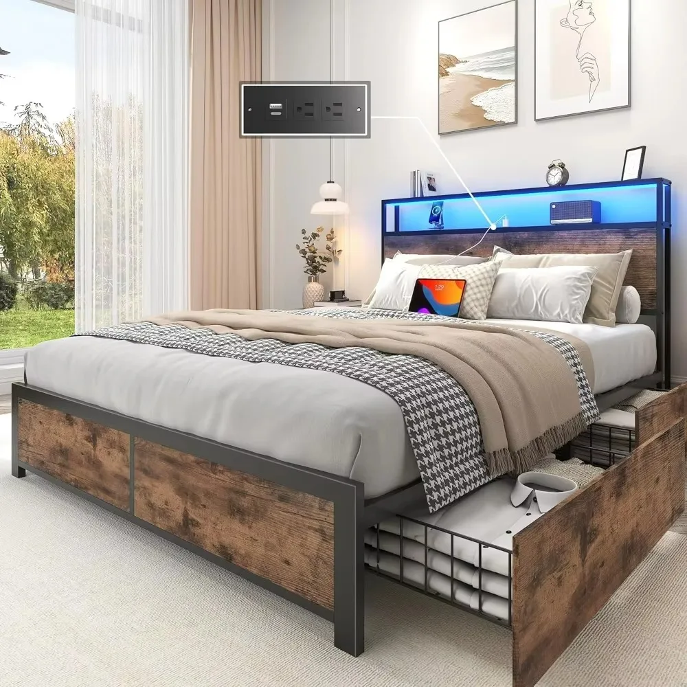 Bedstead. Queen Bed Frame with 2-Tier Storage Headboard, Metal Platform Frame with 4 Storage Drawers, Built in Charging Station
Bedstead. Queen Bed Frame with 2-Tier Storage Headboard, Metal Platform Frame with 4 Storage Drawers, Built in Charging Station