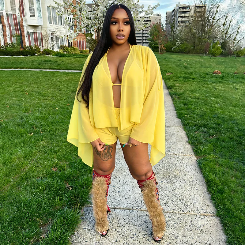 Women Fashion Sexy Vacation Beach 3 Piece Set Lace Up Halter Bra + V-neck Flare Long Sleeve Sheer Mesh Blouse + Shorts Suits
Women Fashion Sexy Vacation Beach 3 Piece Set Lace Up Halter Bra + V-neck Flare Long Sleeve Sheer Mesh Blouse + Shorts Suits