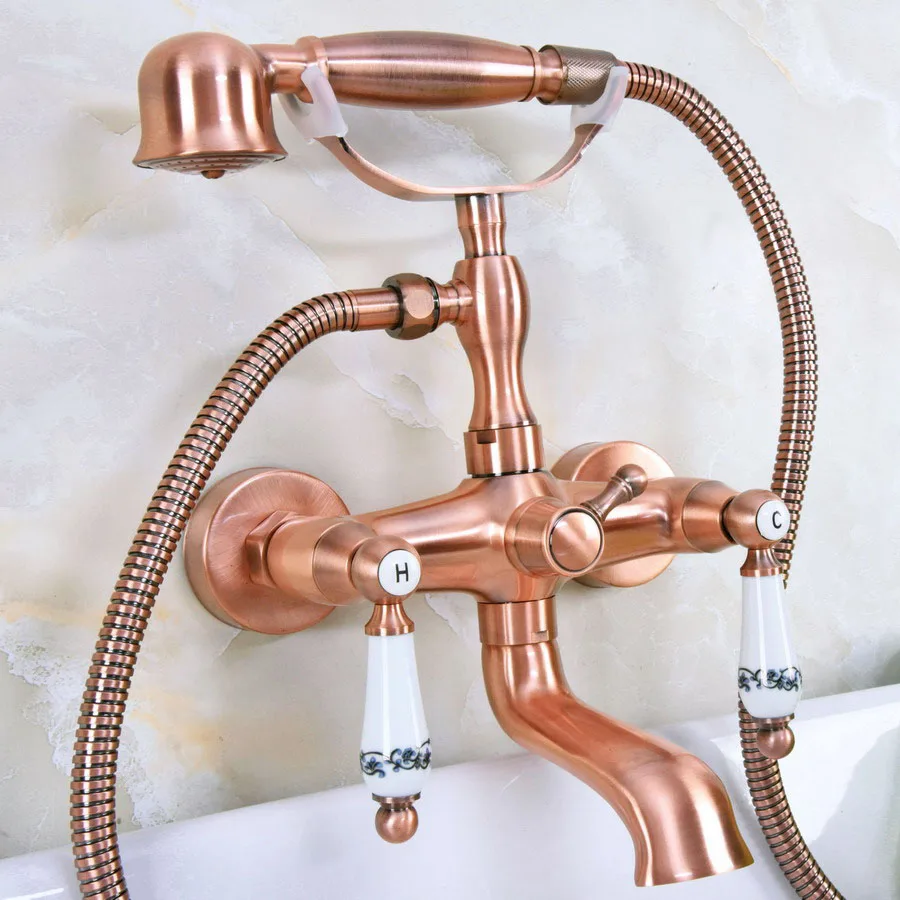 Antique Red Copper Wall Mount Bathroom Bathtub Faucet Dual Handles Bath Shower Mixer Tap with Hand Shower
Antique Red Copper Wall Mount Bathroom Bathtub Faucet Dual Handles Bath Shower Mixer Tap with Hand Shower