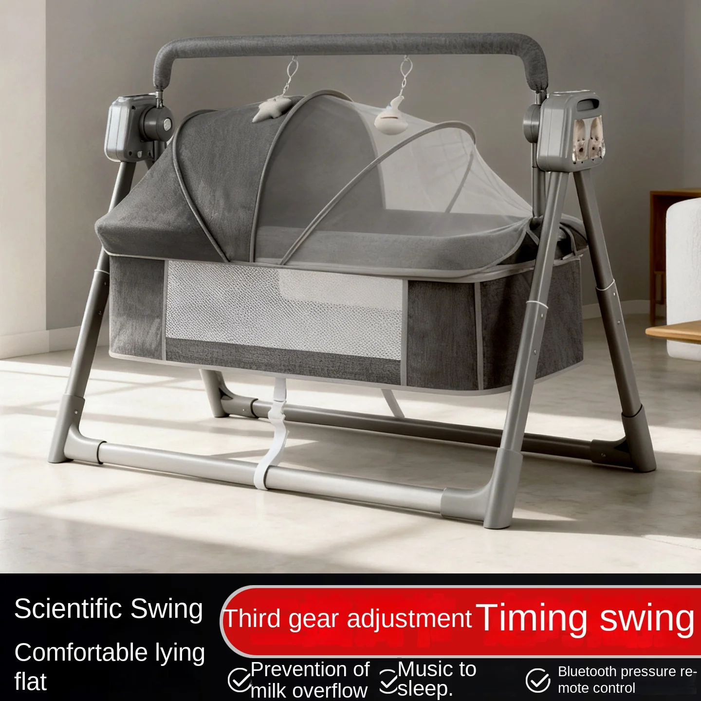 Baby Crib with Foldable, Multi-Functional, Convenient Electric Rocking, Timer, Wireless Remote Control, Includes Mosquito Net
Baby Crib with Foldable, Multi-Functional, Convenient Electric Rocking, Timer, Wireless Remote Control, Includes Mosquito Net