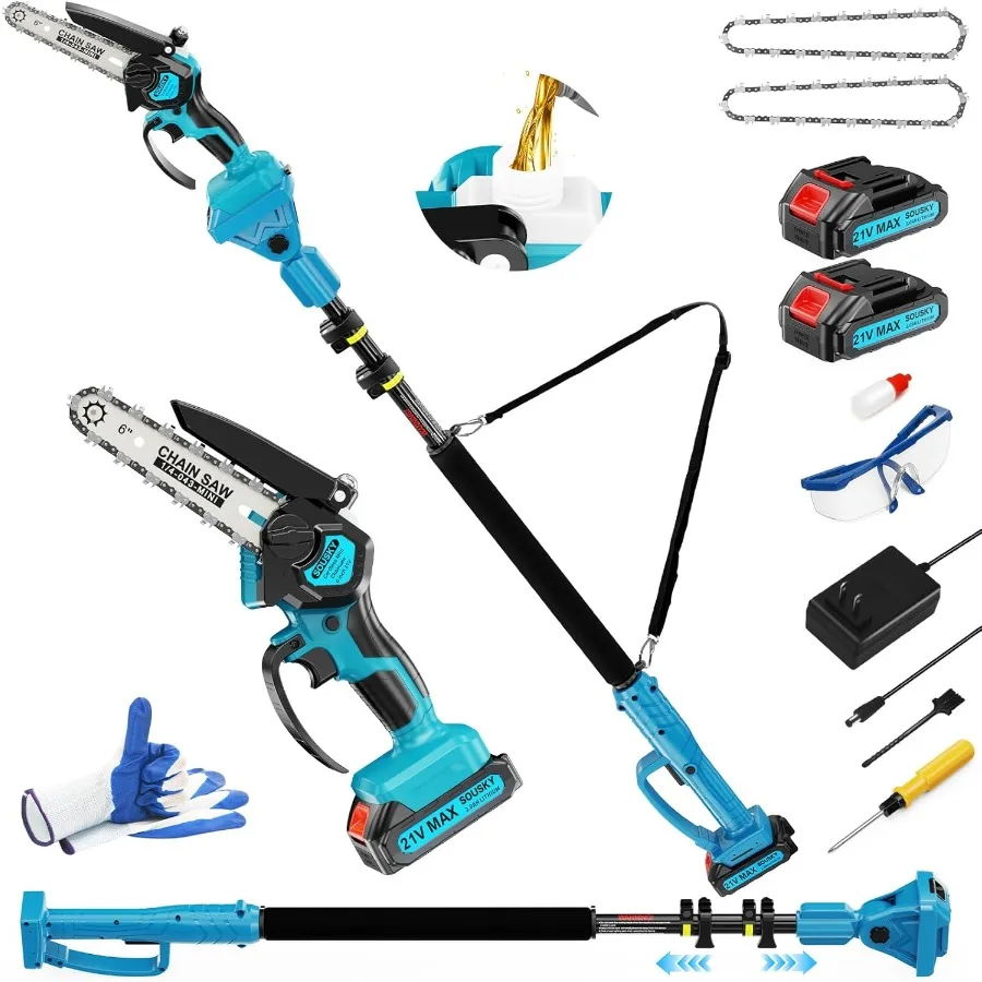 2-in-1 6 In Mini Chainsaw Electric Pole Saw for Tree Trimming and Wood Cutting Cordless 21V Electric Pole Saws with Dual Batter
2-in-1 6 In Mini Chainsaw Electric Pole Saw for Tree Trimming and Wood Cutting Cordless 21V Electric Pole Saws with Dual Batter
