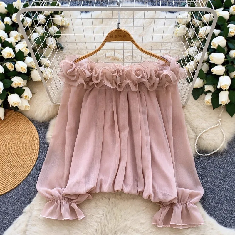 2026 French Vintage Long-sleeved Chiffon Blouse Women's Summer Ruffled Shirt Slash-neck Expose-shoulder Sexy Tops Short Shirts
2026 French Vintage Long-sleeved Chiffon Blouse Women's Summer Ruffled Shirt Slash-neck Expose-shoulder Sexy Tops Short Shirts