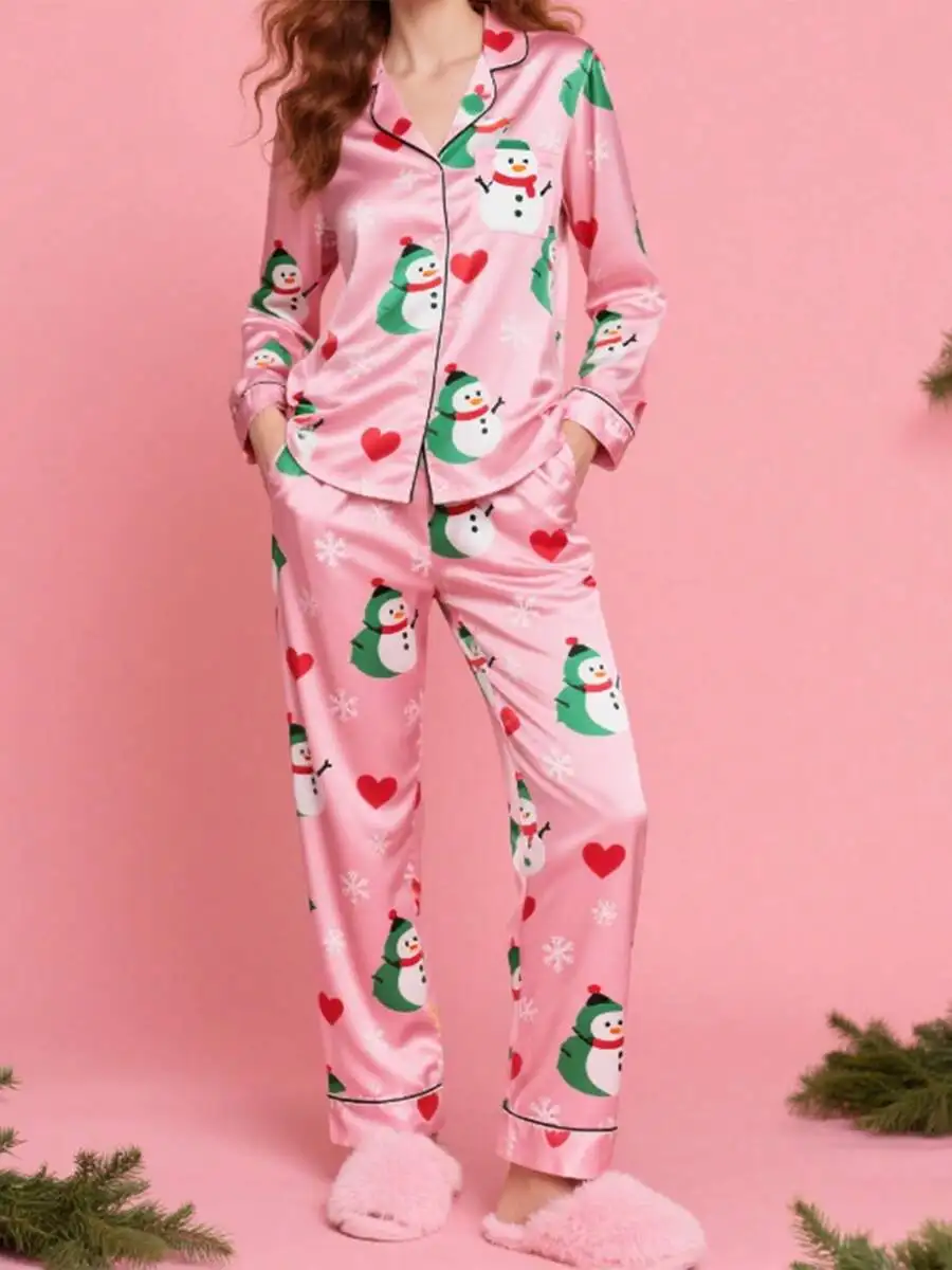 Womens Christmas Snowman Print Pajama Set V Neck Long Sleeve Button Down Sleepwear
Womens Christmas Snowman Print Pajama Set V Neck Long Sleeve Button Down Sleepwear