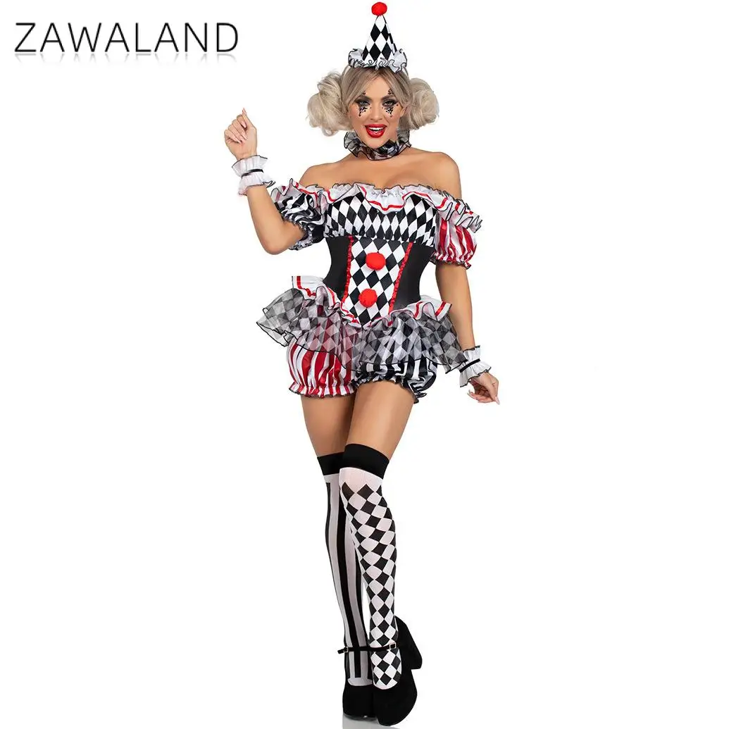Zawaland женский костюм клоуна на Хэллоуин, топ и шорты в полоску, комплект со шляпой, забавный наряд для вечеринки, сценическое платье
Zawaland женский костюм клоуна на Хэллоуин, топ и шорты в полоску, комплект со шляпой, забавный наряд для вечеринки, сценическое платье