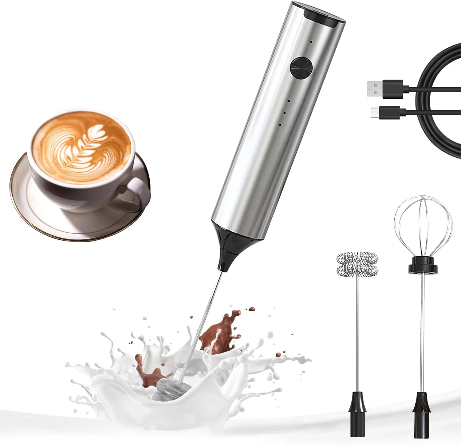Rechargeable Milk Frother Wand, 3 Speed Electric Drink Mixer with 2 Whisks, Stainless Steel for Coffee, Lattes, Protein Shakes
Rechargeable Milk Frother Wand, 3 Speed Electric Drink Mixer with 2 Whisks, Stainless Steel for Coffee, Lattes, Protein Shakes