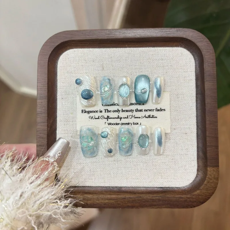 10 Pieces of Chinese Vintage Handmade Press On Nails Blue Jeweled Water Ripples Fake Nails Removable Reusable
10 Pieces of Chinese Vintage Handmade Press On Nails Blue Jeweled Water Ripples Fake Nails Removable Reusable