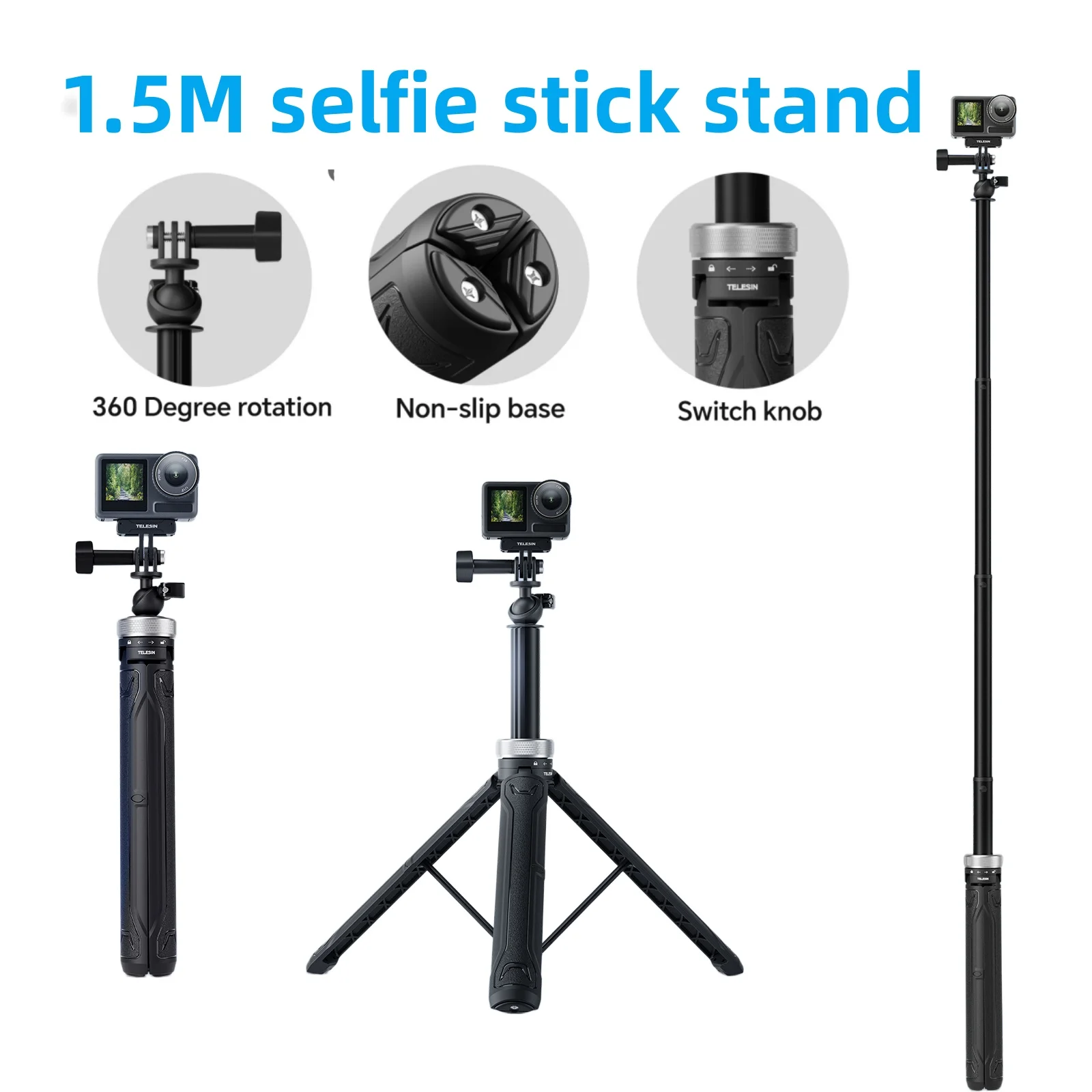 TELESIN 360° Rotation 1.5M Selfie Stick Foldable Tripod with Switch knob For GoPro Hero 13 12 11 10 9 8 Insta360 DJI Osmo Action
TELESIN 360° Rotation 1.5M Selfie Stick Foldable Tripod with Switch knob For GoPro Hero 13 12 11 10 9 8 Insta360 DJI Osmo Action