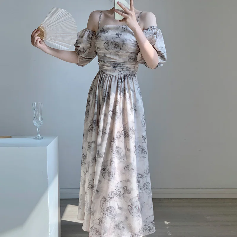 Vintage Sexy Print Women Slash Neck Suspender Dress 2023 French Style New Pleated Female One-Piece A-line Long Dresses Chic
Vintage Sexy Print Women Slash Neck Suspender Dress 2023 French Style New Pleated Female One-Piece A-line Long Dresses Chic