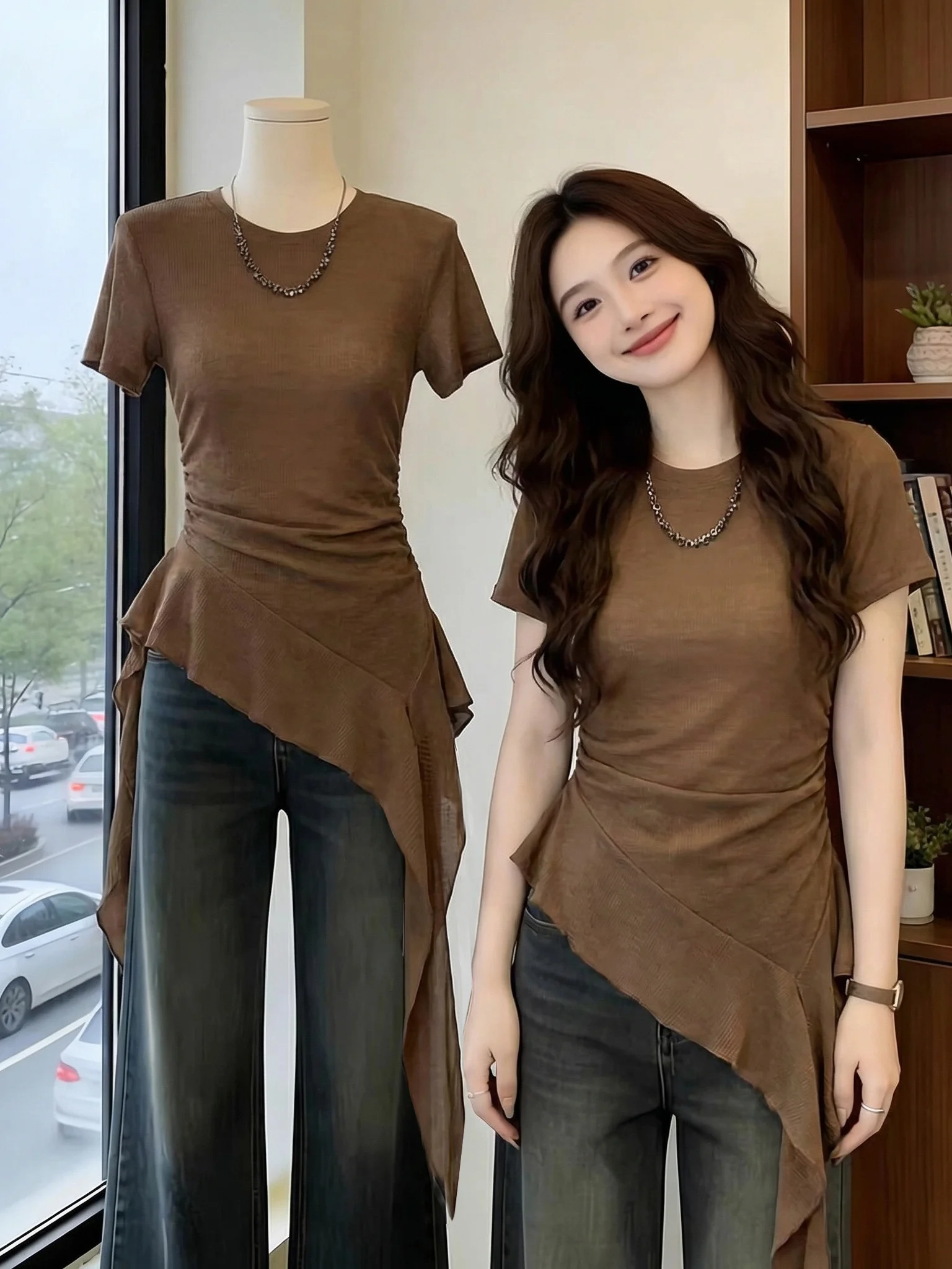 Café Brown Short Sleeve T-Shirt Women's Summer New plus Size Irregular Shoulder Korean Style Commute Wind Loose Fit High Waist
Café Brown Short Sleeve T-Shirt Women's Summer New plus Size Irregular Shoulder Korean Style Commute Wind Loose Fit High Waist