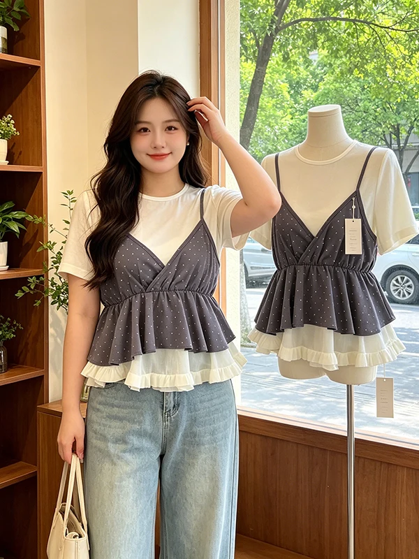 plus Size Summer Fashion Polka Dot Short Sleeve Top And Bottom Set Conceal Meat Design Korean Style Women's plus Size Set
plus Size Summer Fashion Polka Dot Short Sleeve Top And Bottom Set Conceal Meat Design Korean Style Women's plus Size Set