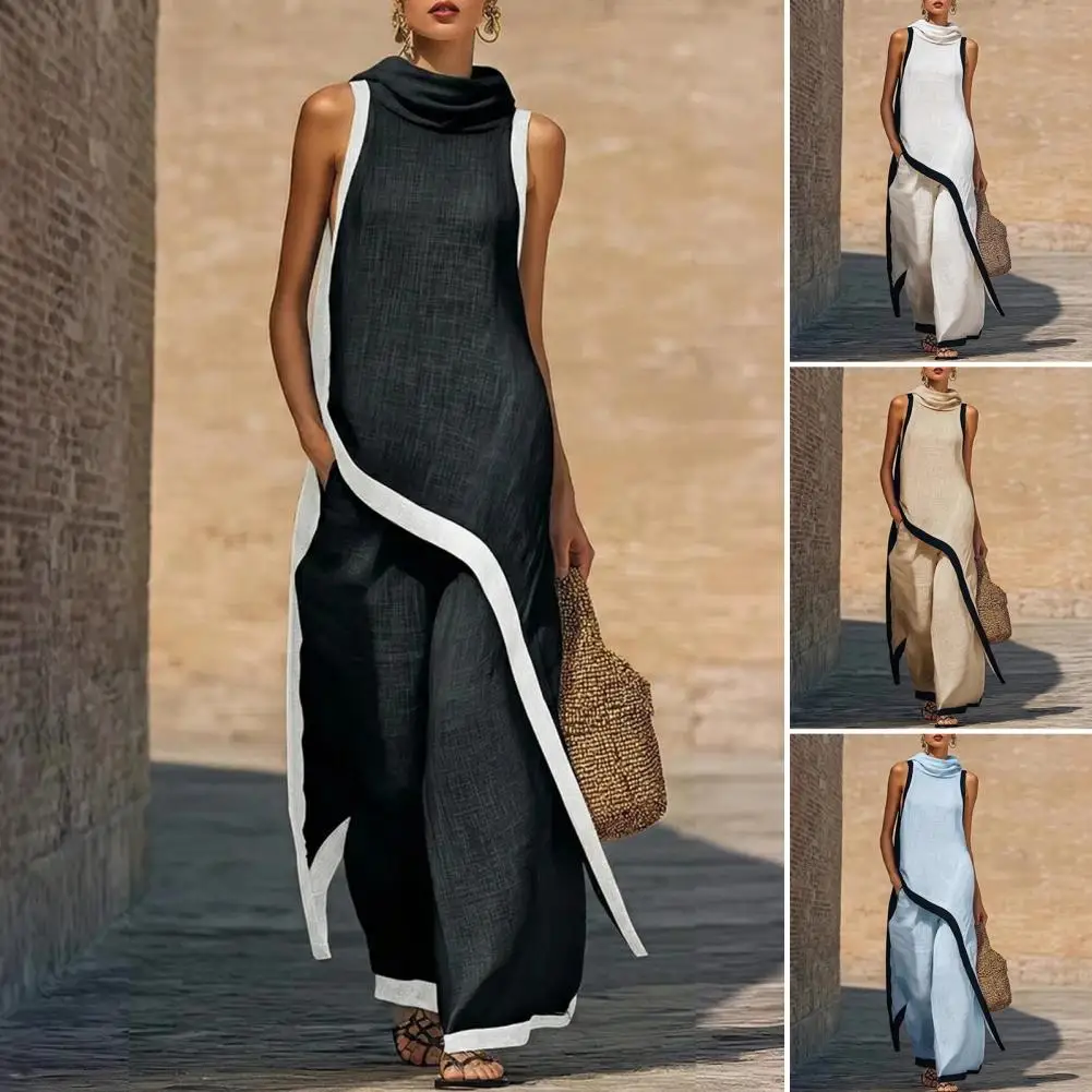 Women Color Block Cotton Linen Two-Piece Outfit Asymmetrical Hem Mock Neck Sleeveless Top Wide-Leg Pants Vacation Elegant Sets
Women Color Block Cotton Linen Two-Piece Outfit Asymmetrical Hem Mock Neck Sleeveless Top Wide-Leg Pants Vacation Elegant Sets