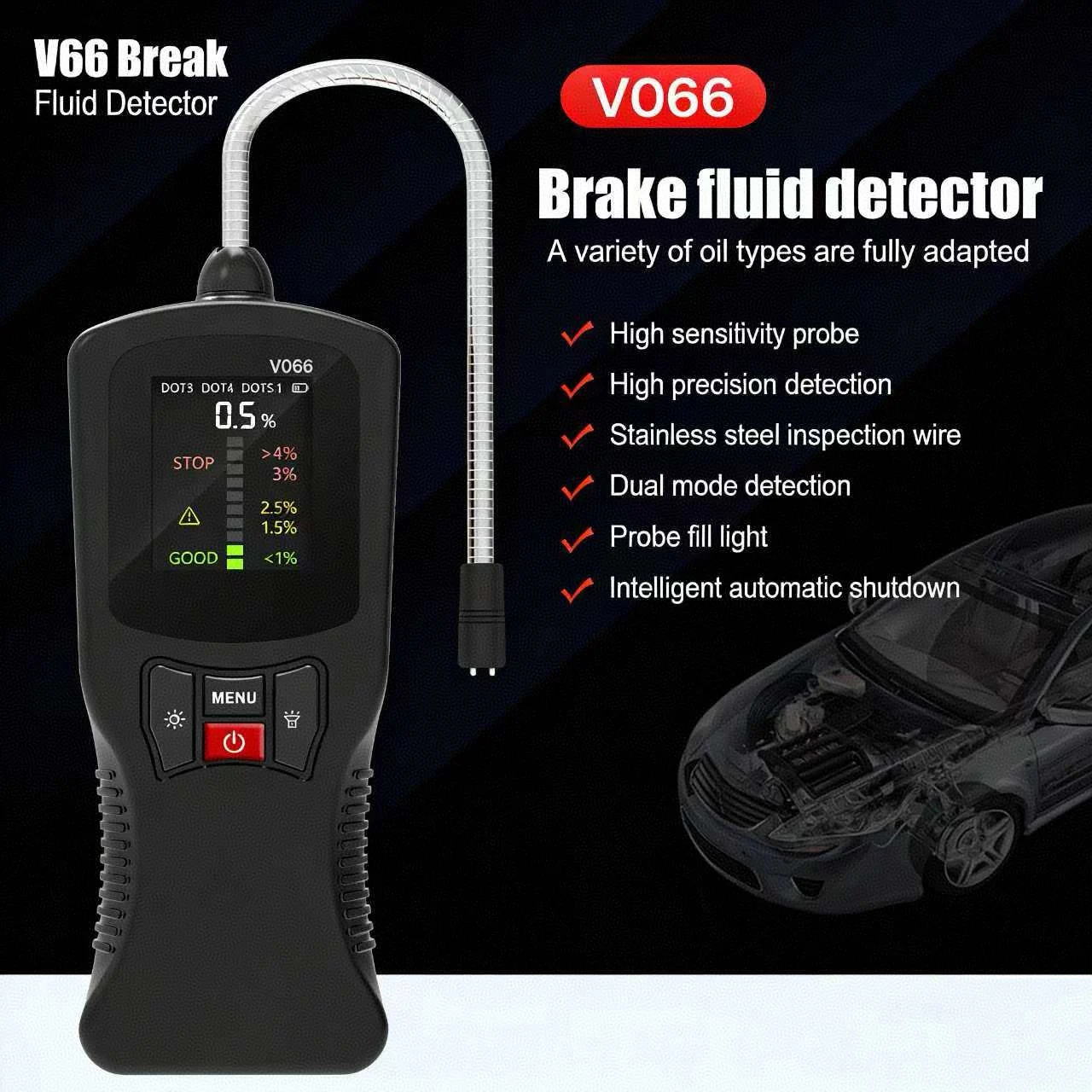 V066 Детектор тормозной жидкости DOT3/DOT4/DOT5.1 Высокоточный автомобильный тестер тормозной жидкости Цифровой дисплей Зонд из нержавеющей стали
V066 Детектор тормозной жидкости DOT3/DOT4/DOT5.1 Высокоточный автомобильный тестер тормозной жидкости Цифровой дисплей Зонд из нержавеющей стали